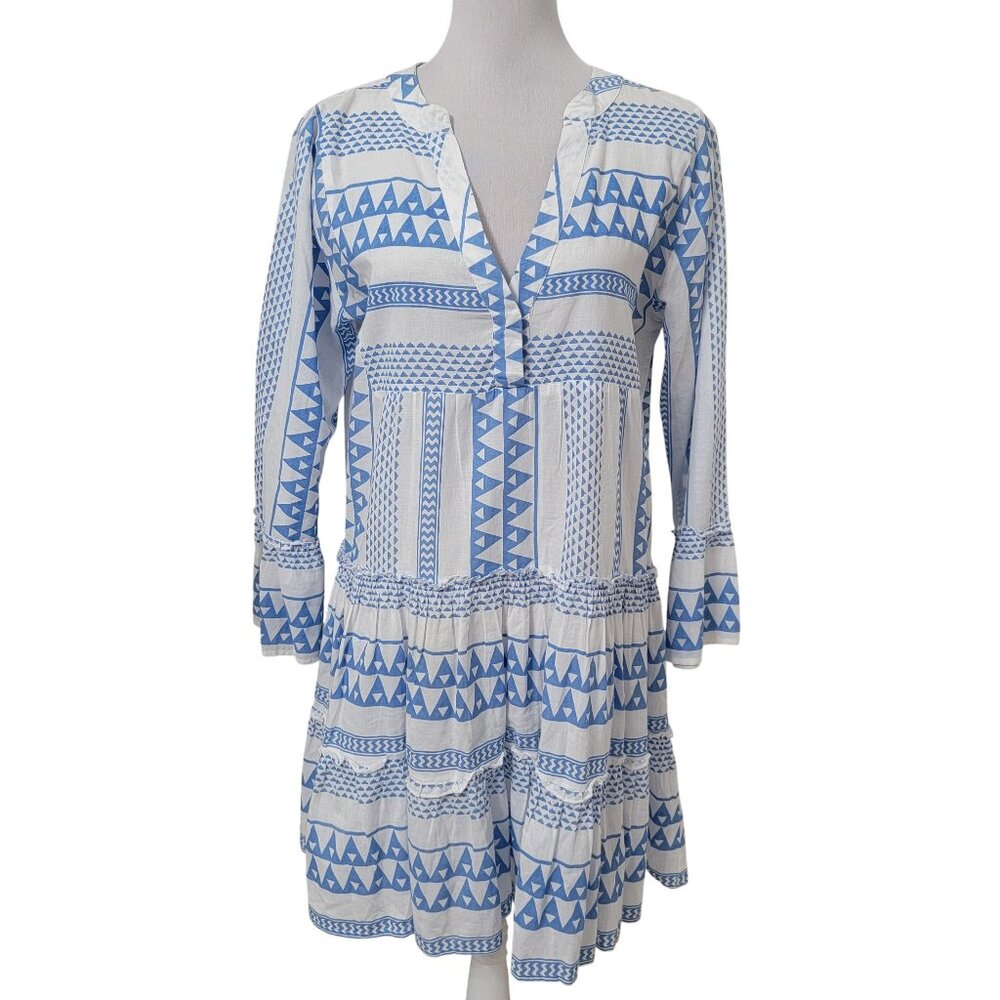 Tuckernuck Pomander Place Salma Dress, Size S, Cornflower Blue & White Geometric